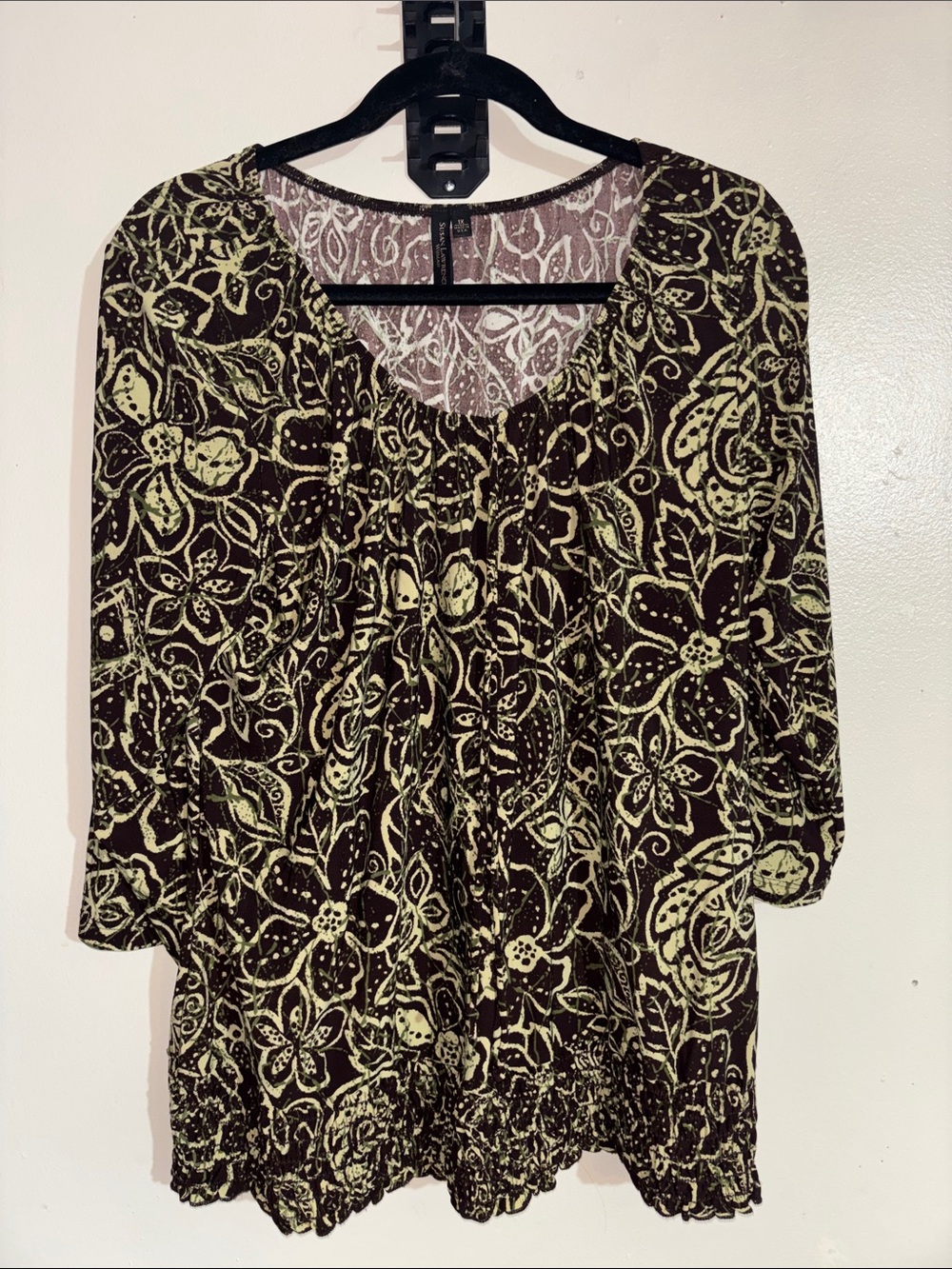 Susan Lawrence Black Tunic with Olive Floral Print
